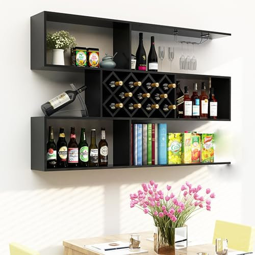 Portabottiglie multifunzione da parete in legno con supporto per bicchieri, grande vetrina per liquori, ideale per soggiorno, cucina, ristorante, nero (160 cm)