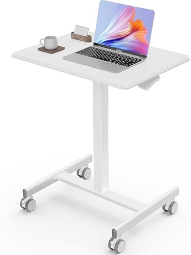 Sweetcrispy Mobiler kleiner Schreibtisch – Sitz-Steh-Schreibtisch, tragbarer Roll-Laptop-Schreibtisch mit feststellbaren Rädern, Computer-Workstations, verstellbare Höhe, Weiß