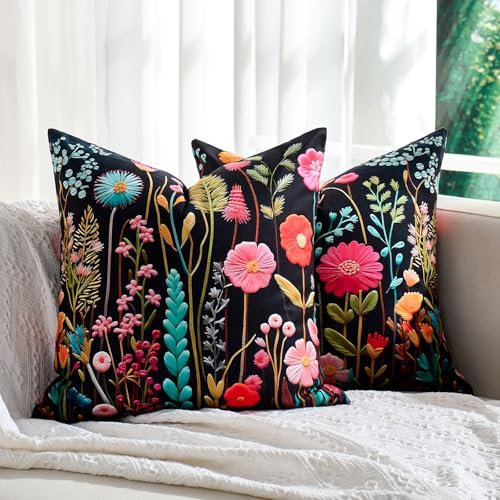 DecorMommt Schwarz Outdoor Kissenbezug 45x45cm 2er-Set, 3D-Druck Frühling Wildblumen-Pflanzen Farbe Kissenbezüge, Dekorative Quadratische Weich Bauernhaus-Dekor-Kissenhülle für Zuhause Sofa Garten