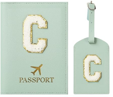 ZVRSUA Porta Passaporto Verde ed Etichette per Valigie Cover,Passaporto con Lettere, Pelle PU,Porta Passaporto da Viaggio Donne, Regalo Donna,Uomo,Adolescenti, Ragazze (Verde C)