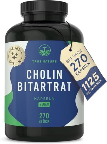 TRUE NATURE Cholin Bitartrat Kapseln - 1125mg Tagesdosis - 270 Stück | 3 Monate Vorrat - hochdosiert - Für Leber, Homocystein & Fettstoffwechsel (EFSA)* - Vegan, Deutsche Produktion