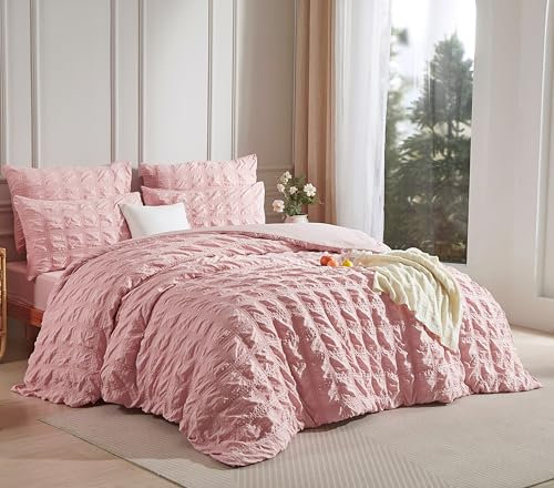 Luowei Seersucker Bettwäsche 135x200cm Kariert Rosa Flauschig Bügelfreie Bettwäsche Aesthetic Set Sommer Kühlend Bettbezug 135x200 mit Reißverschluss und Kissenbezug 80x80 cm