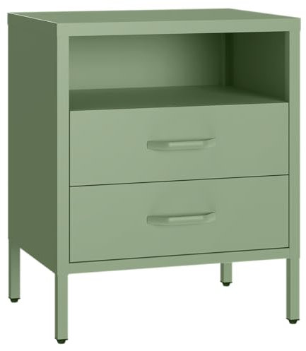 skølm Nachttisch Mizar aus Metall, Nachtschrank mit 2 Schubladen, Beistellschrank für Schlafzimmer, Wohnzimmer, Nachtkonsole mintgrün 60x50x38 cm (HxBxT)
