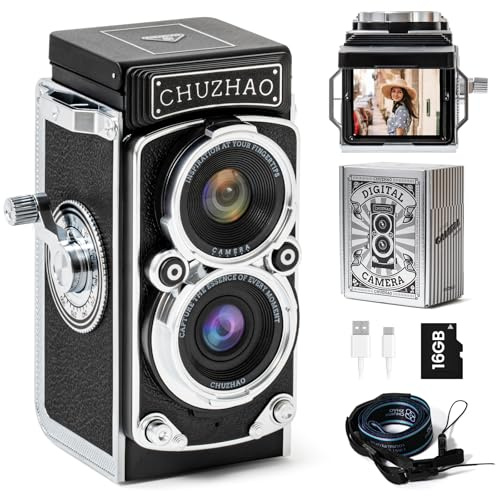 CHUZHAO Mini Vintage Digital Camera, Portable TLR Point and Shoot Retro Camera with 1080P Video, 12MP Photos, 16GB Card, 1000mAh Battery, and Dual Filters – Great for Travelers, Retro Style Lovers