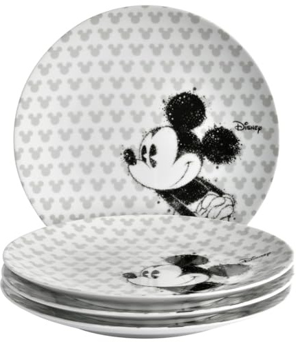 Fyrklövern Disney Micky Maus Teller – 4er-Pack 22 cm | Hochwertige Porzellan Kuchenteller mit grafischem Micky-Maus-Design