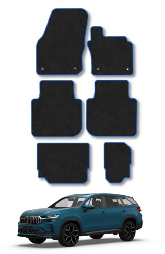 Skoda Kodiaq (2024+) [7 Seat] Carpet Car Mats | Blue Edge Trim Tailored Fit Floor Mats Full Coverage Protection Accessories Easy Clean Anti Slip Made in the UK