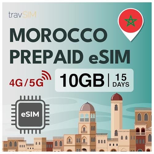 travSIM eSIM Marokko | 15 Tage - 10GB Daten SIM | 5G/4G Hochgeschwindigkeitsdaten | Unbegrenzter Internetzugang für Google, Facebook, Whatsapp, Instagram und mehr