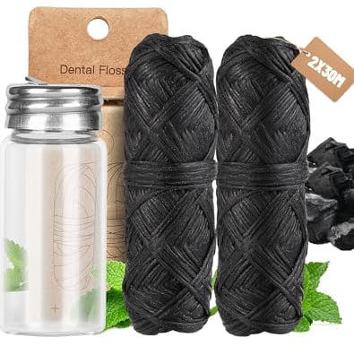 60m filo interdentale ecologico fili interdentale nero Menta senza plastica biologico cerato con candelilla bambù carbone attivo - in bottiglia di vetro + 2x30m