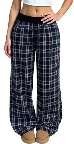 Panegy Femmes Pyjama Fonds Elastique Taille Haute Large Jambe Pantalons de couchage Plaid Checked Pj Fonds Pantalons