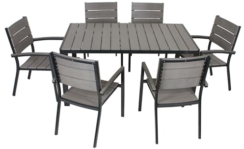 DELUKE Garten-Sitzgruppe Mila 7tlg. - Kunststoff, Anthrazit | Gartenmöbel-Set Gartengarnitur Garten-Essgruppe mit Stühlen und Esstisch