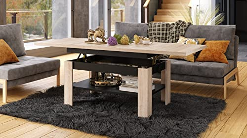 designimpex Rio Couchtisch ausziehbar höhenverstellbar 130/170 cm in Sonoma Eiche/Schwarz Matt modern Ablage Wohnzimmertisch Esstisch Beistelltisch Sofatisch Couch Tisch Living Room Table Wohnzimmer