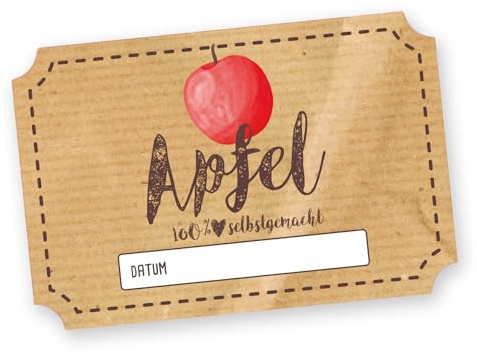 itenga 50x Marmeladenetiketten – rechteckig 6x4cm - Sticker „100% selbstgemacht“ – selbstklebend & vorgestanzt – beschreibbar – für Einmachgläser, Marmelade, Geschenke, DIY (Apfel)