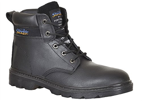 Portwest FW11 Steel Leather Ankle Boot Water Resistant Upper Padded Collar | Black, 10, S3 EN ISO 20345, Rubber Outsole, Anti-Static Footwear, Back Pull-Tab, Dual Density, Lace-Up Fastening