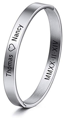 INBLUE Personalisierte Armreif Armband Gravur Name/Datum Identifikation Benutzerdefinierte Armbänder für Frauen Mädchen Edelstahl Manschette Armreifen Jubiläum Geburtstagsgeschenke (Silberfarbe)