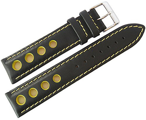 Eulit Racing Uhrenarmband, 22 mm, Leder, gelbe Naht, Schwarz