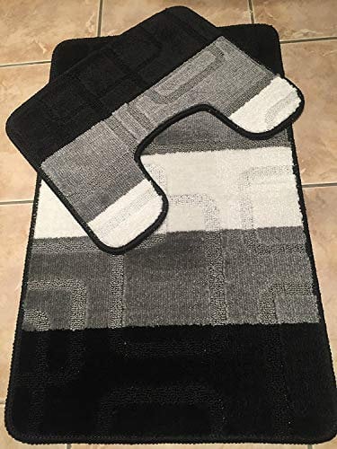 Machine Washable 2 Piece Bath Mat & Toilet Pedestal Set Non Slip (Stripe Black/Grey/White Square)
