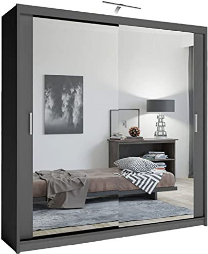 Mirror Double Sliding Door Grey Wardrobe LED Light (Grey 90cm)