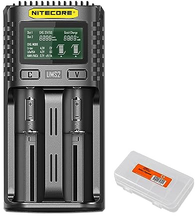 Nitecore UMS2 Intelligent Dual-Slot Quick USB-C Battery Charger for Li-Ion/Ni-MH/Ni-Cd/IMR 16340 14500 18650 21700 20700 AA AAA and More Batteries, with Organizer