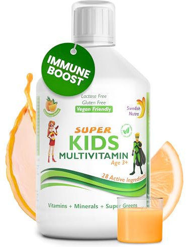 Swedish Nutra - Super Kids Multivitamin Liquid Food Supplement - 500 ml, 33 Day Supply | Vitamins, Minerals & Super Greens to Boost Growth, Energy & Immunity | Natural Orange Flavour | Age 3+