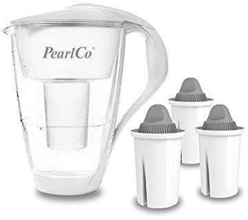 PearlCo Glas-Wasserfilter (weiß) mit 3 Protect+ Classic Filterkartuschen (f. hartes Wasser) - Made in EU