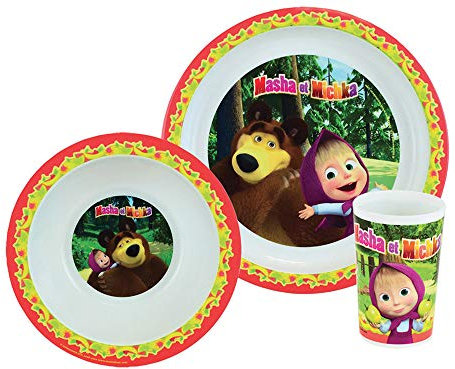 Fun House 005844 Masha ET MICHKA-Juego de Comida con Plato, Cuenco y Vaso para niños, Plástico, Multicolor