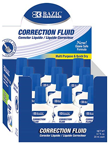 BAZIC Correction Fluid (0.7oz/20 ml), Foam Brush Applicator, Corrections Pen, Squeeze White Out Wipe Out Liquid, 12-Pack