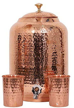 Handicraft-World Indian Handmade Hand Hammered Pure Copper Water Dispenser Pot 4 Liter Ayurveda Healing Water Storage Tank Copper Bottle Mug Pitcher With 2 Hammered Glasses (8 Liter)
