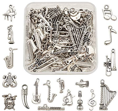 90 Stück/Box tibetische Antik-Silber-Anhänger, Charm-Anhänger für Musikinstrument, Charm-Perlen für Armband, Halskette, Schmuckherstellung, Metall