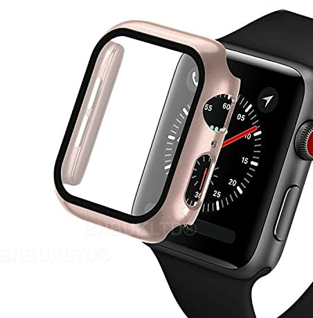 BNBUKLTD Compatible for Apple Watch Case Series 1/2/3/4/5/6/SE Full Cover Glass Screen Protector (Watch Model: 38mm, Color: Rose Gold)(*)