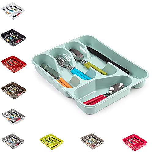 plastific Large CUTLERY TRAY Flatware Organiser Strong Plastic Drawer Sliding Tidy Rack Holder Drawer Insert Tidy Storage, 33.5 x 26.5 x 4.5 cm - Solid Base, Mint Green