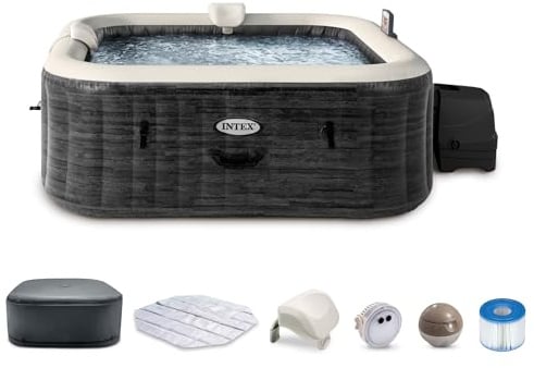 INTEX PureSpa Greystone Deluxe 6 Person Square Inflatable Hot Tub, Bubble Massage Spa Set with Energy Efficient Cover, 2 Headrests, & LED Light, 77 in x 28 in
