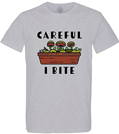 Rundhals-T-Shirt aus Bio-Baumwolle für Herren Careful I Bite Vorsicht I Biss Venusfalle Fliege Pflanzen Topf Gartenarbeit