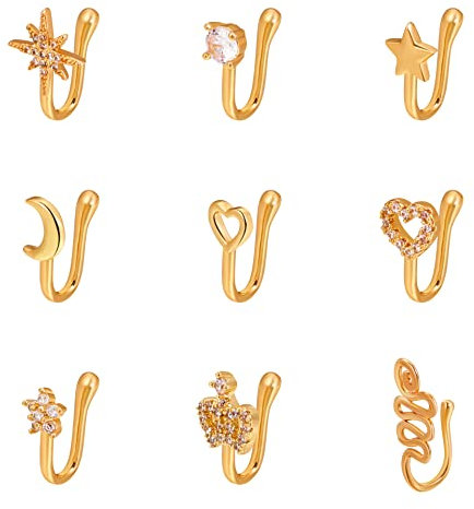 HMOOY 9Pcs Faux Anneaux de Nez, Manchette de Nez Africain Or Non Piercing Clip Sur L'anneau de Nez Pince Nez Anneau de Nez Faux Anneau de Nez Bijoux Pince Nez pour Femmes Hommes (Or)