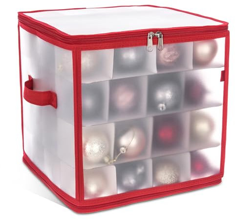 Christmas Village Bauble and Decoration Storage Cube with Padded Dividers for 64 Xmas Ornaments – Heavy Duty Folding 4 Layer Holder with Separators, Zipped Lid and Handles (Red)