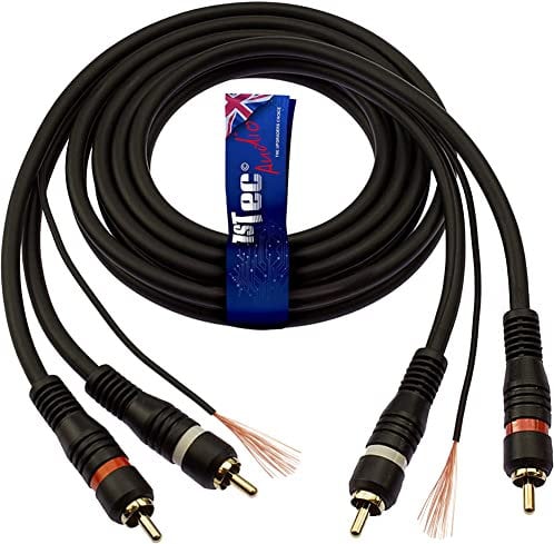 1STec 1.5m 2 x RCA Red + White Moulded Phono Plugs with Ground Wire Earth Tag to stop Feedback Hum Humming Buzz Buzzing Noise from Vinyl Record Player Car Stereo Amplifier - HiFi speakers 1.5 Metre
