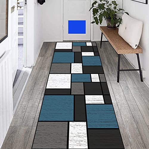 Teppich Läufer Flur Küche rutschfest 140×200cm Geometrisches Blau Lang Modern Waschbar Vintage Polyester Meterware Anpassbar Fur Schlafzimmer Wohnzimmer Fußmatten, Länge Anpassbare