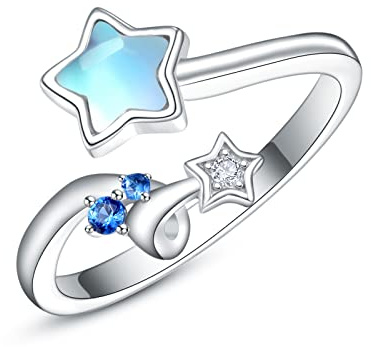 KINGWHYTE Mondstein Stern Ring für Damen, 925 Sterling Silber Stern Zirkonia Offener Ringe, Frauen Verstellbarer Ringe mit Blauer Zirkon Schmuck Geschenk