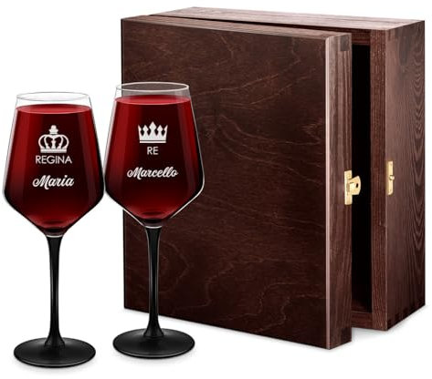 Maverton 2 Calici da vino Rubino - incisione personalizzata - 300 ml - con gambo nero - pensiero speciale per nozze - adatti per vino secco e dolce - unici per coppia - regina e re