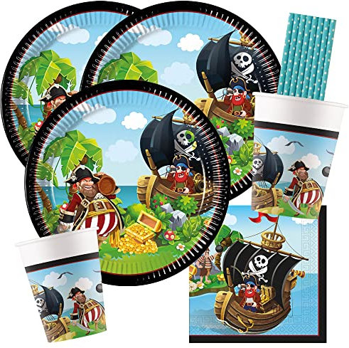 spielum 44-teiliges Party-Set Pirat - Pirates Island - Teller Becher Servietten Trinkhalme für 8 Kinder
