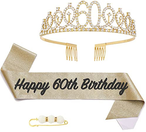 POPOYU 60 Geburtstag Krone und Schärpe,Krone 60. Geburtstag Frauen,60.Geburtstag Tiara Goldfarben,krone 60.,60 Jahre Geburtstag Mädchen Kopfbedeckung für Geburtstagsgeschenk Partyzubehör