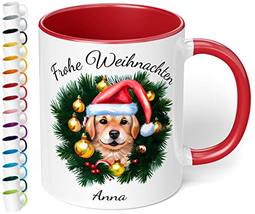 True Statements Weihnachtstasse mit Namen personalisiert „Frohe Weihnachten Wunschname“ – mit 20 Hunde-Motiven - 330ml Keramik Kaffeebecher mit Spruch - Geschenk zu Weihnachten (Rot)