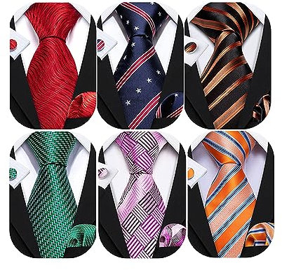 Barry.Wang Herren-Krawatten-Set, Seide, Business, Mode, gewebt, Krawatte, Taschentuch, Manschettenknöpfe, Paisley-Streifen, Hochzeit, Party, 6-teilig, Blau, Grün, Schwarz, Rot, Grün, Einheitsgröße