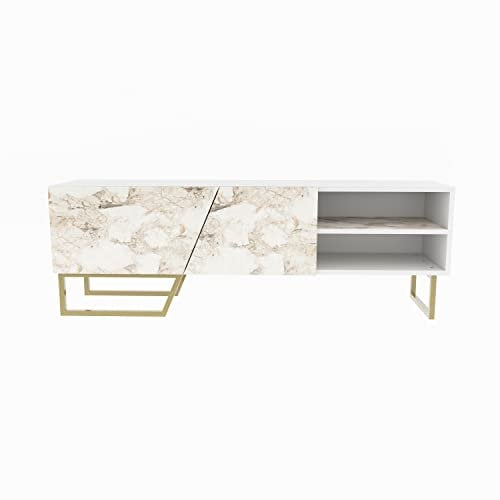 DECOROTIKA - Densasse TV Stand TV Unit TV Cabinet with Two Shelves and Cabinets for TVs up to 60 (White Marble Effect and Gold Colour)