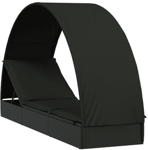 vidaXL Sonnenliege, Gartenliege Verstellbare Sitzfläche, Liegestuhl Liege mit Runddach, Relaxliege Strandliege Gartenmöbel, Schwarz Poly Rattan