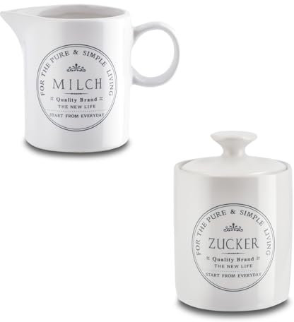 KHG Milchkännchen Zuckerdöschen Set Kapazität je 200 ml, Steingut Keramik Landhaus Vintage Stil beschriftet glänzend, präziser Ausgießer, Henkelgriff, ideal für den Kaffee- und Tee-Service