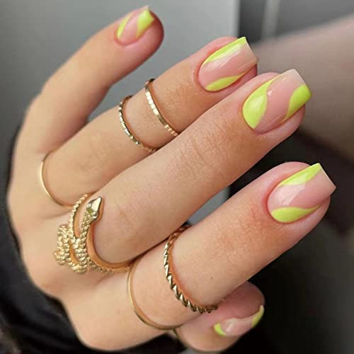 24PCS Court Carré Faux Ongles Français Acrylique Ongles à Coller Couverture Complète Artificiels Glossy Press on Nails Naturel Faux Ongles Autocollants pour Femmes et Filles (Vagues Jaunes)