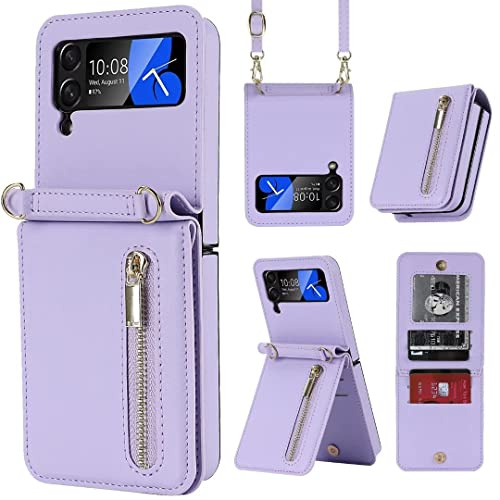 XIMAND Custodia portafoglio per Samsung Galaxy Z Flip 4 con cerniera, sostegno multifunzionale per carte di credito e tracolla regolabile, elegante custodia portafoglio perfetta?Viola?