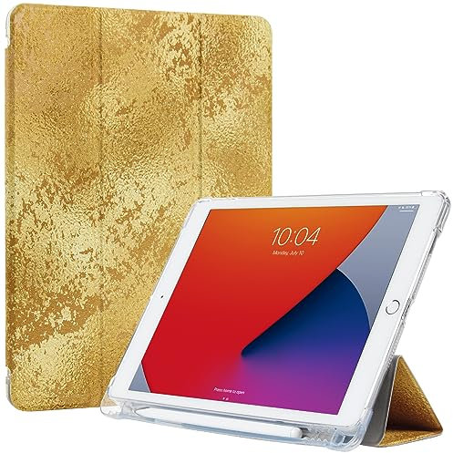 ProtUTab Étui Compatible avec iPad 9 génération avec Porte-Crayon, Fonction Veille/réveil Automatique, étui Fin à Trois Volets Compatible avec iPad 8 génération (2020) et 7,Or