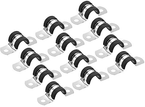 sourcing map 12pcs 14mm(9/16) Collier de Serrage Caoutchouc Amorti 304 Inox Acier Attache Grillage Rigide Clip Fixation Sangle pour Tube Tuyau