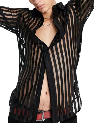 AIEOE Men's See Through Muscle Shirt Button Down Tops Sexy Striped Casual Shirt Long Sleeve Mesh Shirts Loose Fishnet Shirt Black